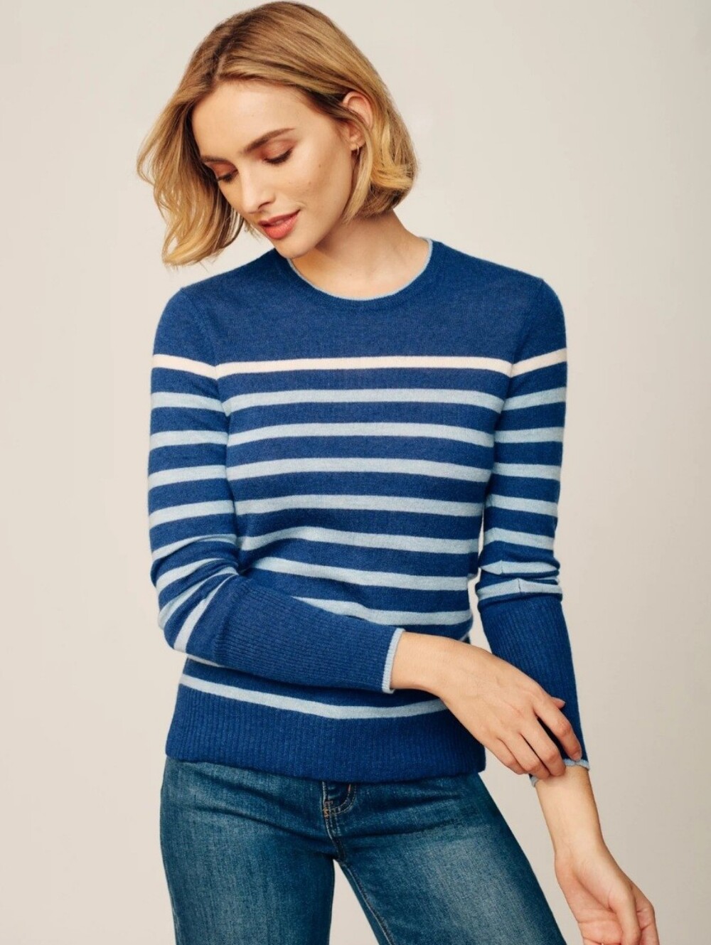 J. McLaughlin Poet Cashmere Blue Striped Crewneck Sweater Size Small